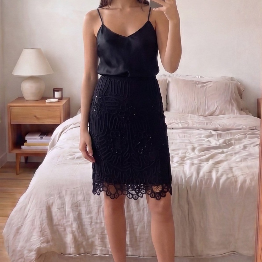 DStudio Womens Beaded Lace Skirt‎ Size 6 Black Scalloped Cocktail Evening Glam